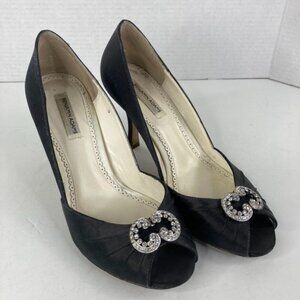 Benjamin Adams Womens Peep Toe Pump Shoes Sz 9 Black Satin Rhinestone 3.5" Heel